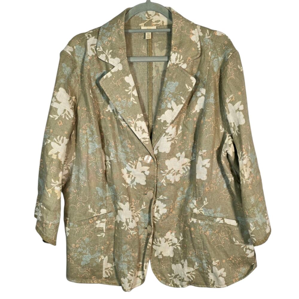 J. Jill Sage Green Linen Floral Jacket 2X Embroidered Trim Lightweight
